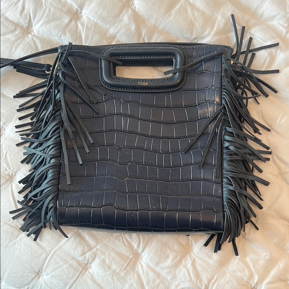 Maje Navy Croc Fringe Leather Bag